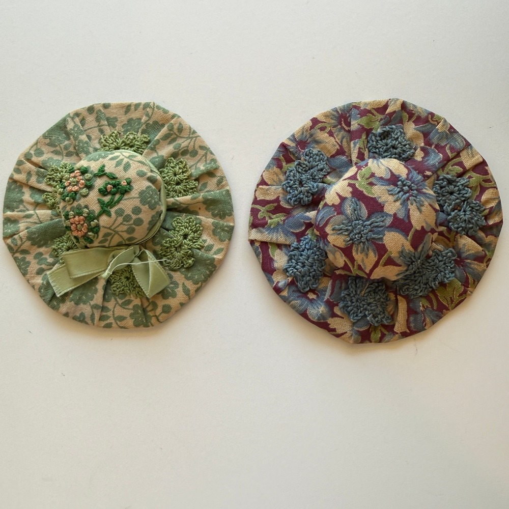 Vintage Style Floral Sun Hat Pin Cushions Hand Embroidered Set of 2 Green Purple